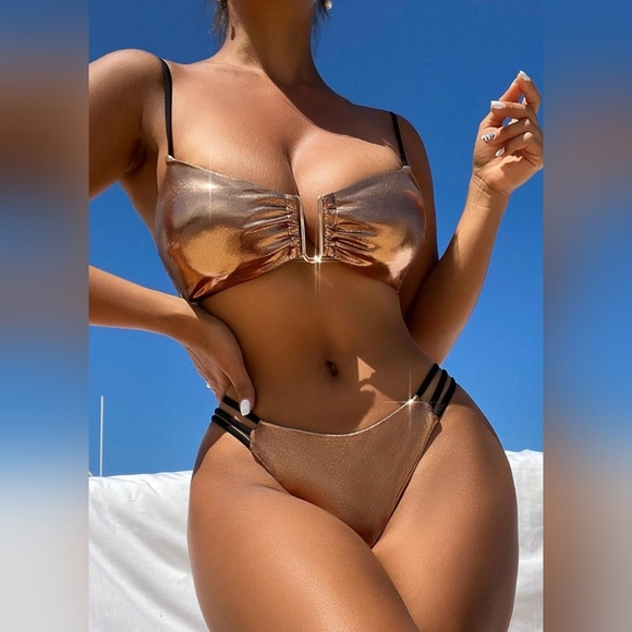 NEW Sexy Barbiecore Coquette Metallic Bronze Bikini Swim Summer Set-(#1,461) - Picture 1 of 5